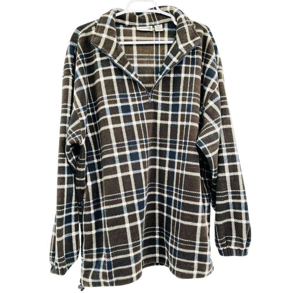 Fieldmaster Brown Plaid Flannel Fleece Quarter Zip Pullover Men's Size Large
